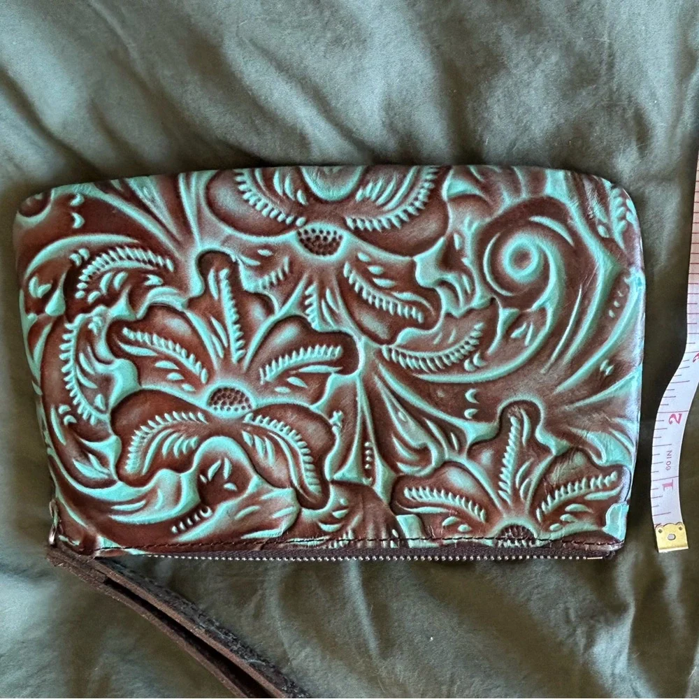 Patricia Nash Turquoise and Brown Tooled Floral Wristlet - Picture 7 of 7